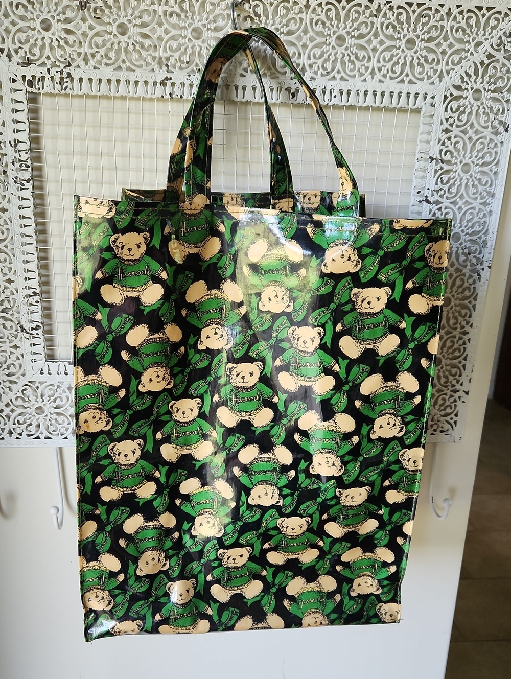 Vtg Harrods Teddy Bear Tote Shopping Bag Retired Cotton PVC